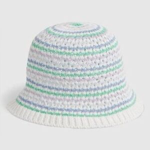 White Knit Bucket Hat with Pastel Stripes Summer Beach
